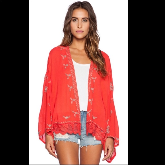Free People Sweaters - Free People Embroidered Kimono in Fire Red Size Medium open cardigan